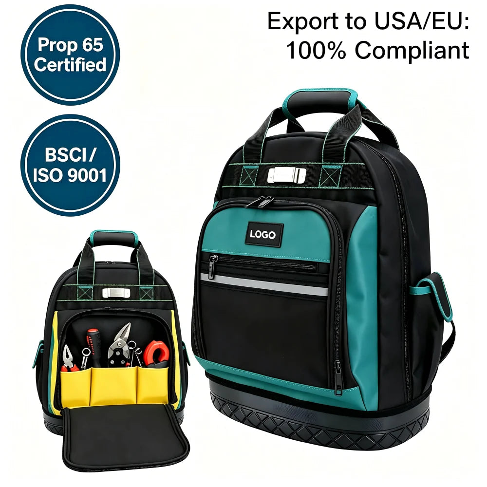 Custom Logo Carpenter Tool Kit Bag Multiple Pockets Tool Organizer Bag Plastic Hard Base Technician Tool Backpack