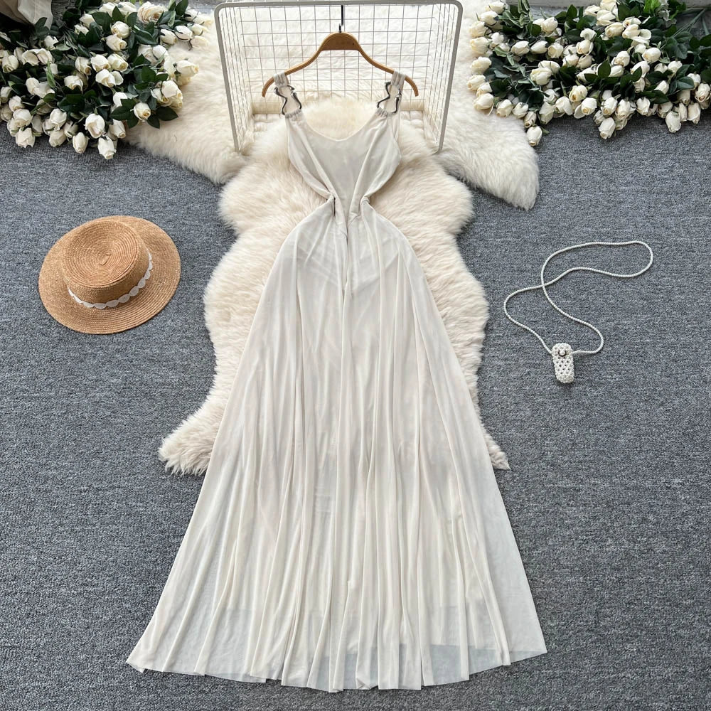 2025 Summer Elegant Tunic Slim Casual Maxi Dress for Women Empire Mesh Dress