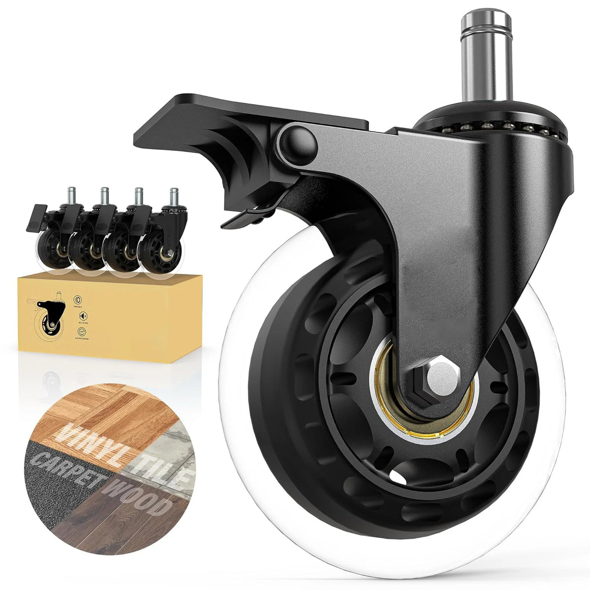 Best-selling Replacement Universal 11*22mm Swivel Caster Wheels 3" Insert Rods Transparent Polyurethane 50kg Load Dining Gym MegaBDM