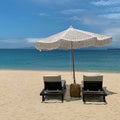 Beige Fringed Beach Boho Macrame Umbrella with Modern Design Gym Hotel and Dining Application Made of Crochet Fringe Frame