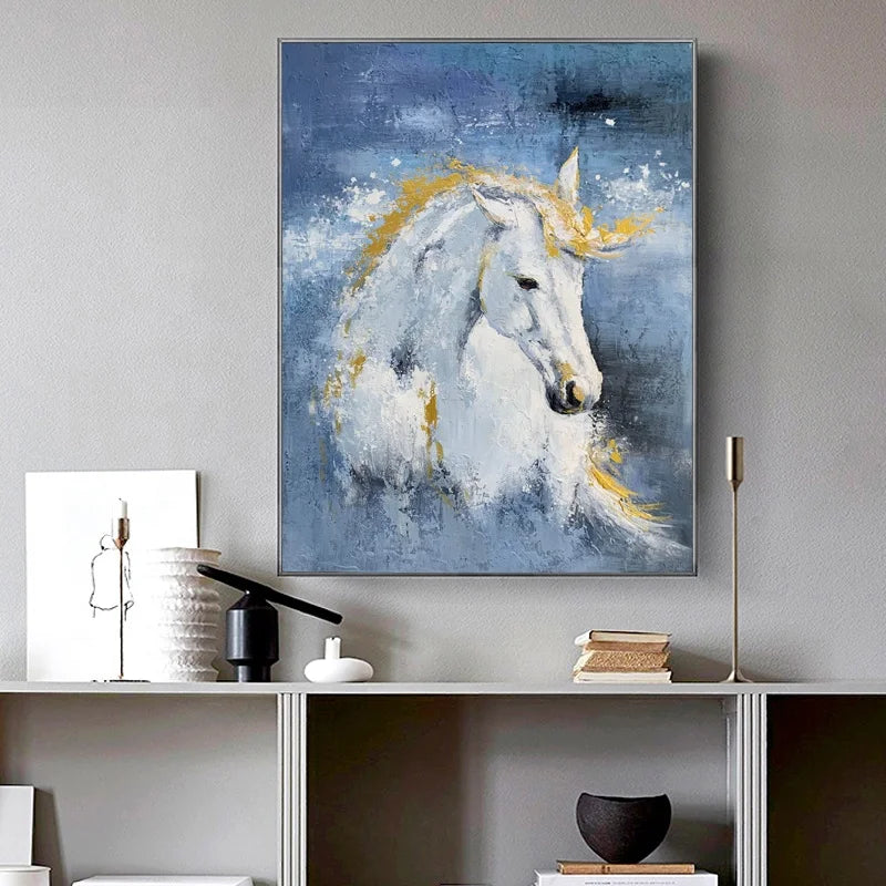 Nordic Style Horse Head Gold Foil Handpainted Original Animal Modern Wall Art Oil on Canvas