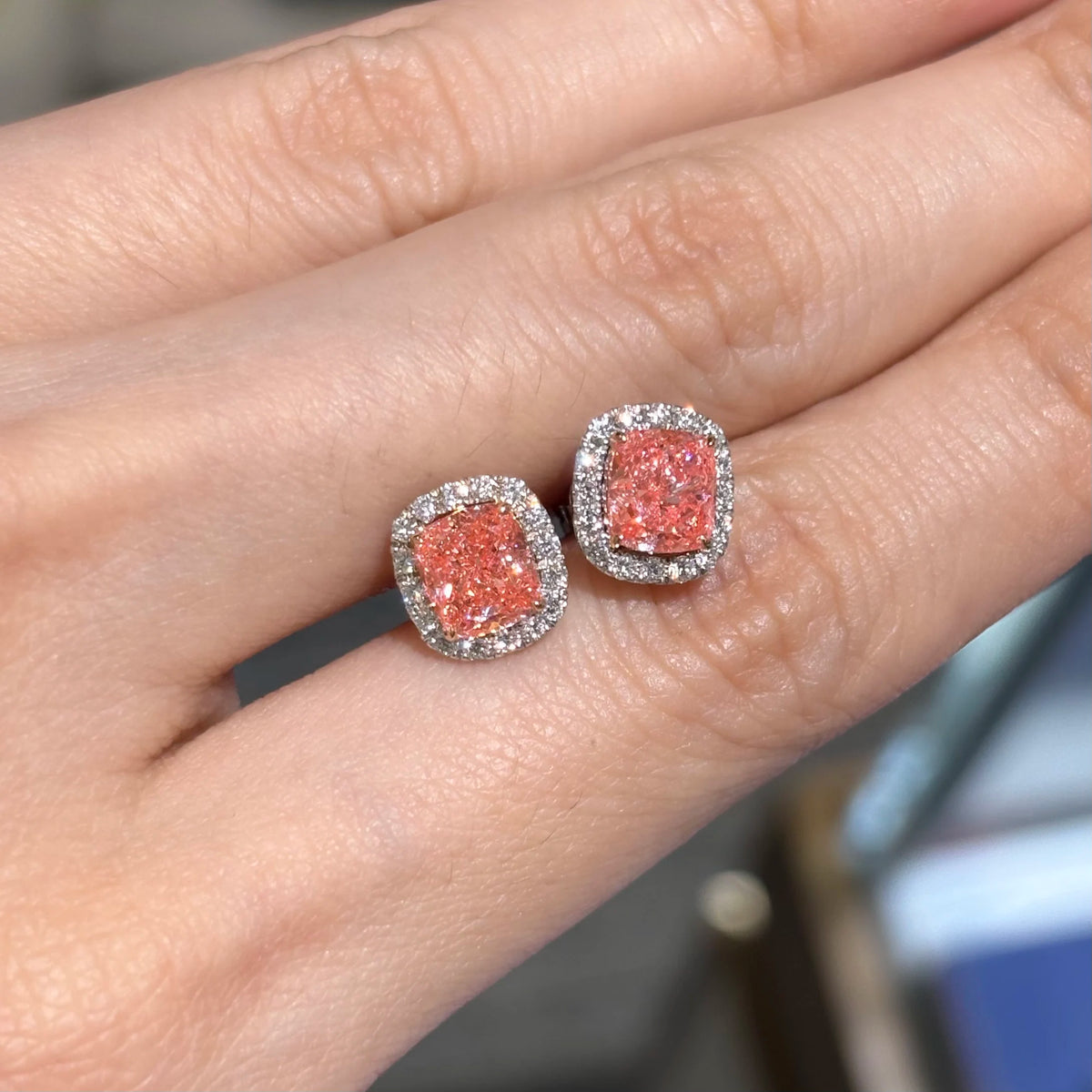 Anster Custom Pink Lab Grown Diamond 1ct IGI Certified Stud Earrings 14/18K Gold Jewelry Fashion Daily Cushion Shape Jewelry MegaBDM