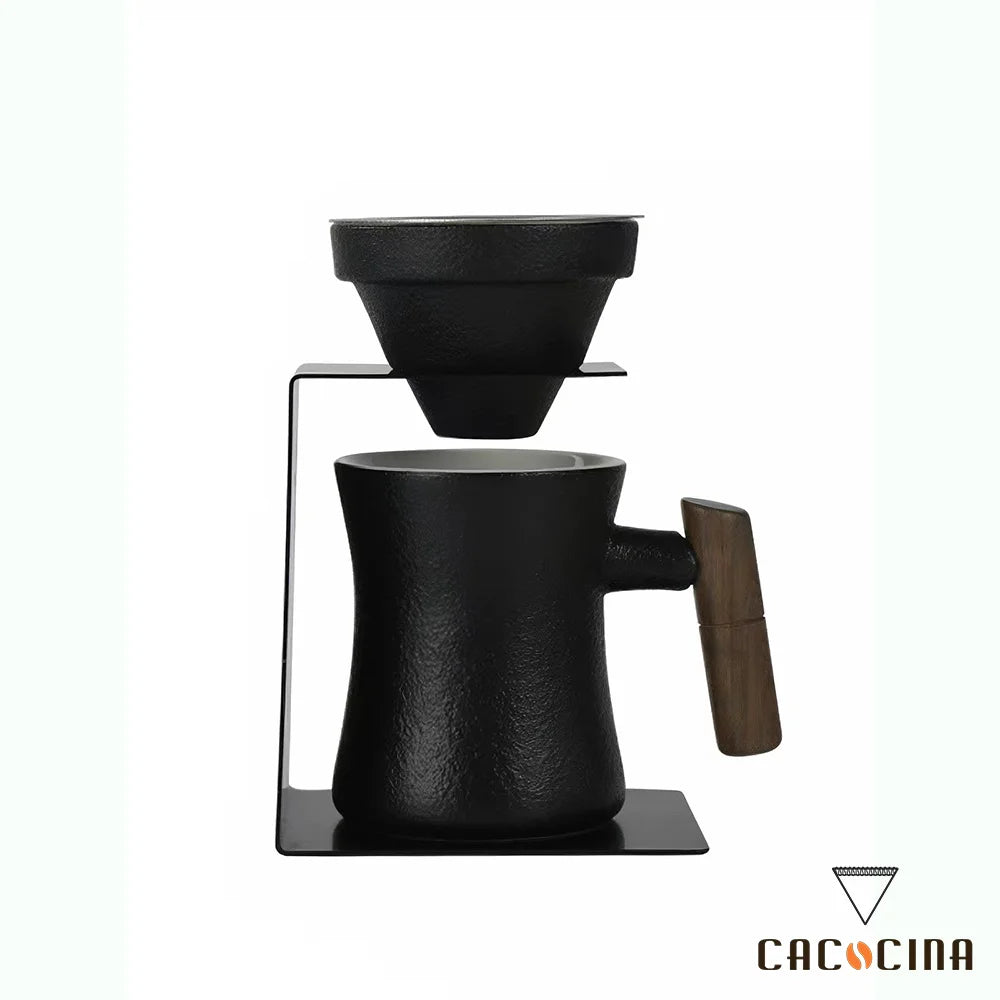 Matte Black Ceramic Coffee Mug with Stainless Steel Stand 360ml Asian Zen Design Dishwasher & Microwave Safe for Home/Office Use MegaBDM