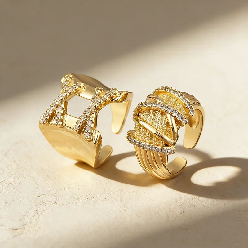 QIKU Adjustable X Winding Shape Gold-Plated Zircon Ring Copper Jewelry for Women and Men-for Anniversary Daily Wear Parties