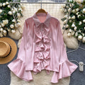 Autumn Full Sleeve Elegant Blouses Women Flare Sleeve Solid Ruffles Shirts Ladies Elegant Tops Clothes Women Wholesale
