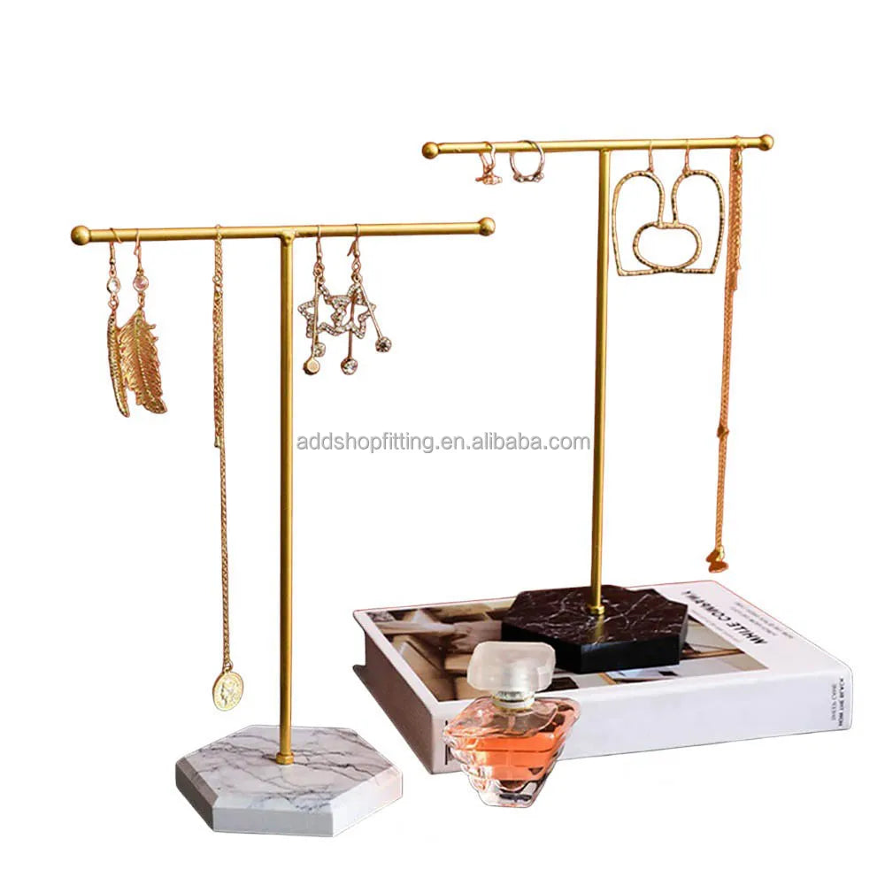 Gold T Bar Counter Top Modern Luxury Durable Lightweight Portable Wedding Earring Jewelry Display Stand with Wood Base