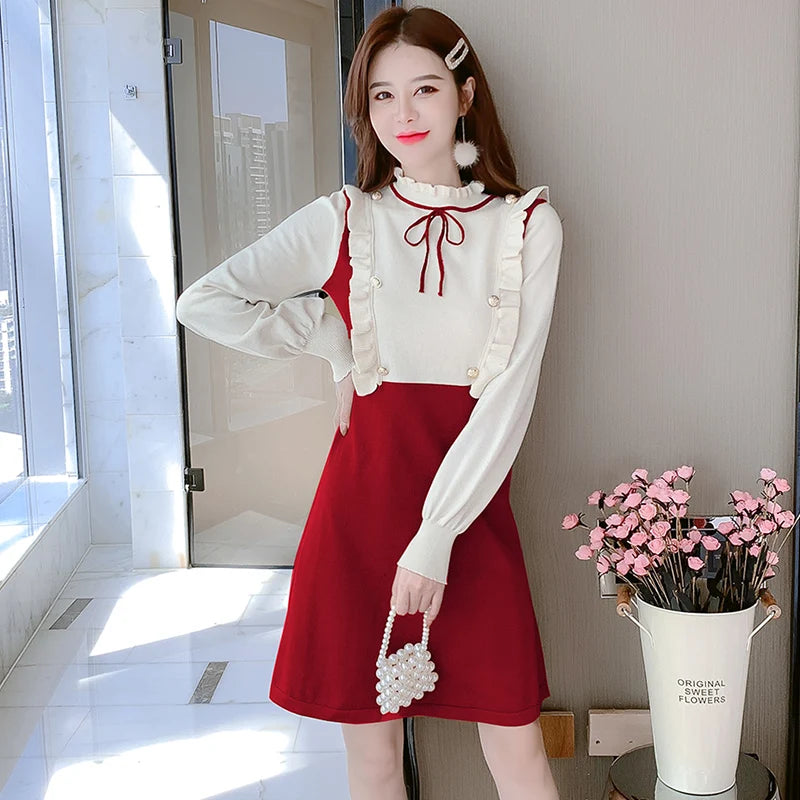 Fall Ruffled Neck Knit Midi Dress for Women Empire Contrast Color Ruffled Lace Dress