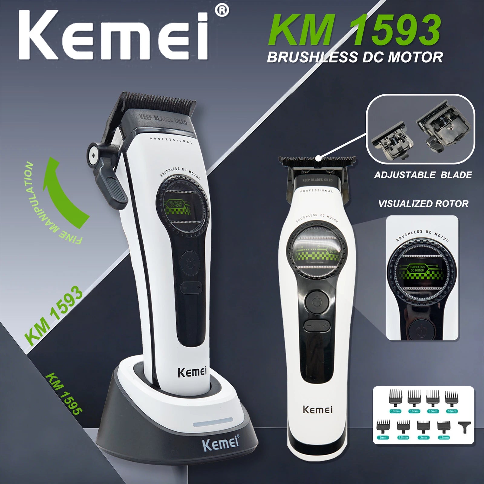 Kemei Hair Trimmers Professional Hair Clippers F1 -Super Engine Motor with External Brushless Trimmer for Men KM-1593 KM-1595