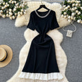 Summer O-Neck Tunic Knit Midi Dress For Women Empire Patchwork Beaded Ruffled Lace Dress