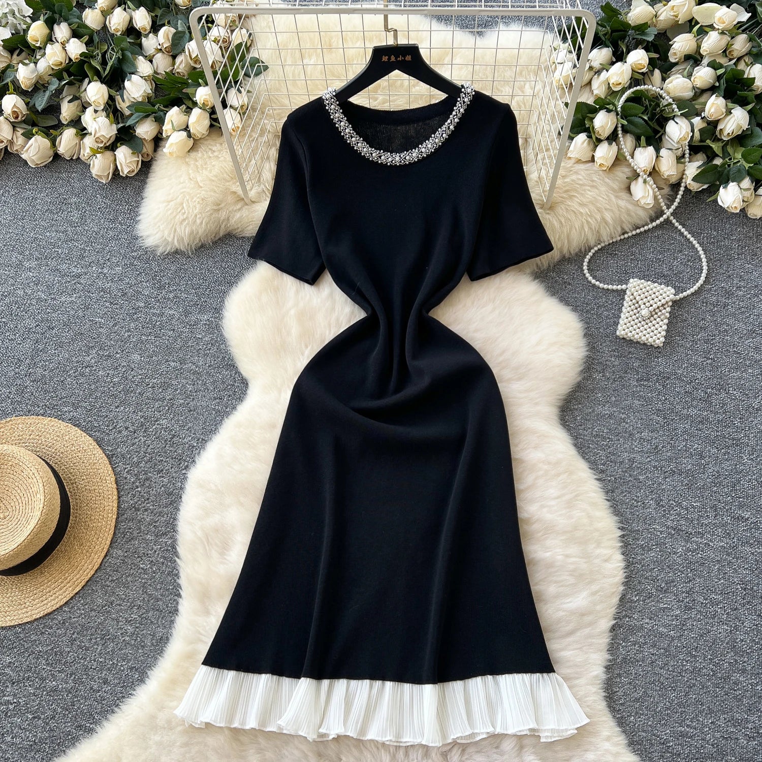 Summer O-Neck Tunic Knit Midi Dress For Women Empire Patchwork Beaded Ruffled Lace Dress