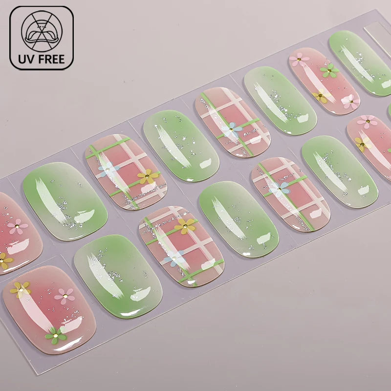 16 Strips No Bake Gel Nail Stickers Ready to Ship Floral Rose Rainbow Star Green Plaid Brown Marble Gold Foil UV Free HEMA Free MegaBDM
