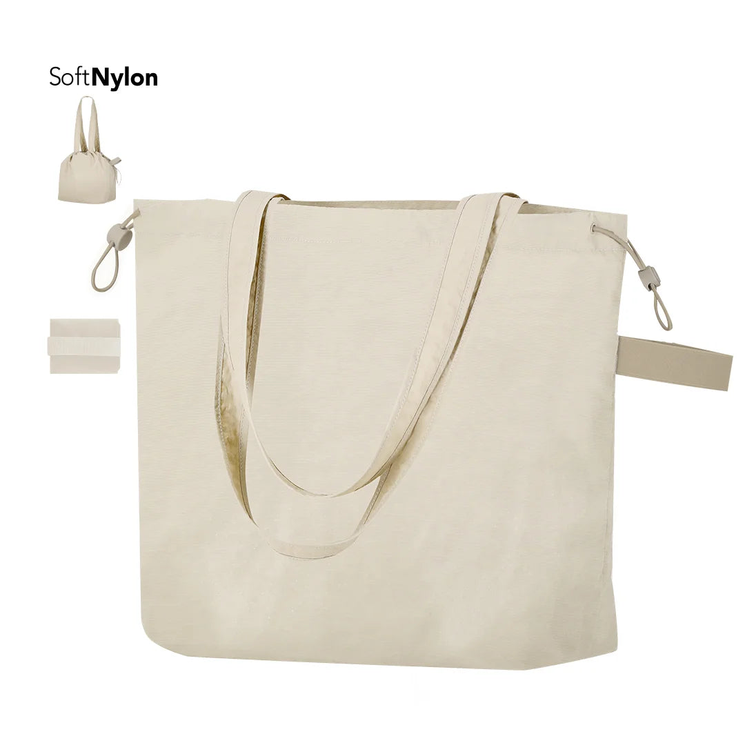 Custom Logo Soft Nylon Foldable Tote Bag Lightweight Drawstring Shopping Bag with Inner Pocket and Elastic Strap for Travel MegaBDM