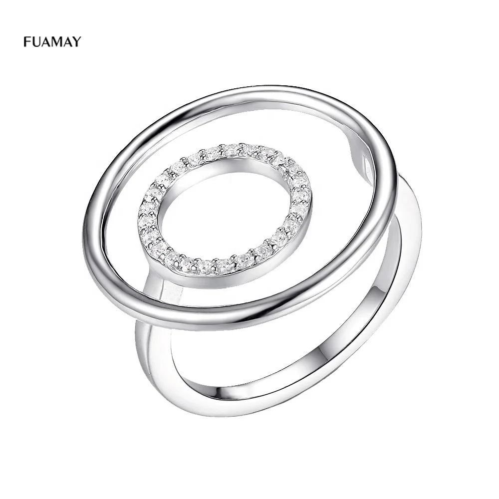 FUAMAY S925 Geometric Circle Zircon Double Halo Eternity Band Ring 18K Gold Plated for Teenage Girls Office/Career