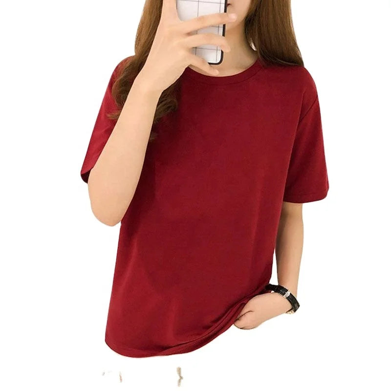 Vintage Casual Custom Pattern Women's Combed Cotton Tshirt O-Neck Jersey Lace Button 50 Colors Stock Plain Natural Spandex