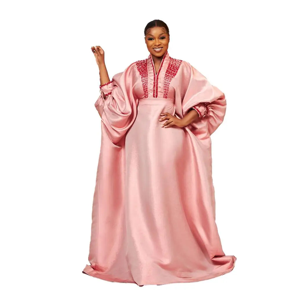 Luxury and Elegance African Women Dress V-Neck Rhinestones Boubou Belted Plus Size African Women Clothing