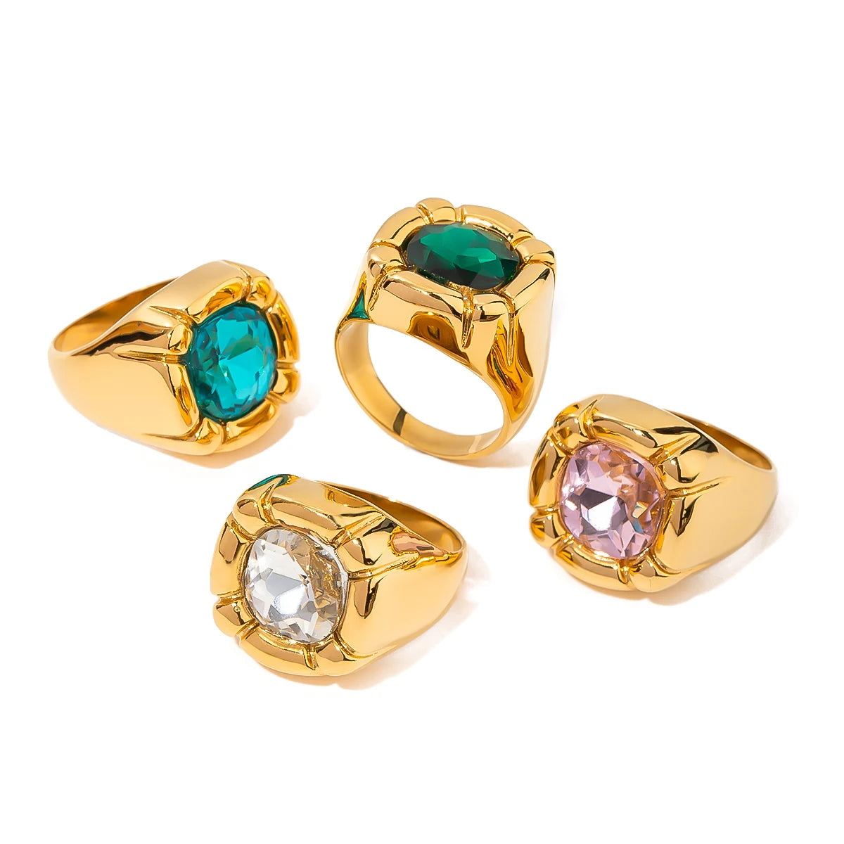 J&D 18K Gold Plated Stainless Steel Chunky Zircon Flower Finger Ring Vintage Colorful Oval Stone Ring for Women