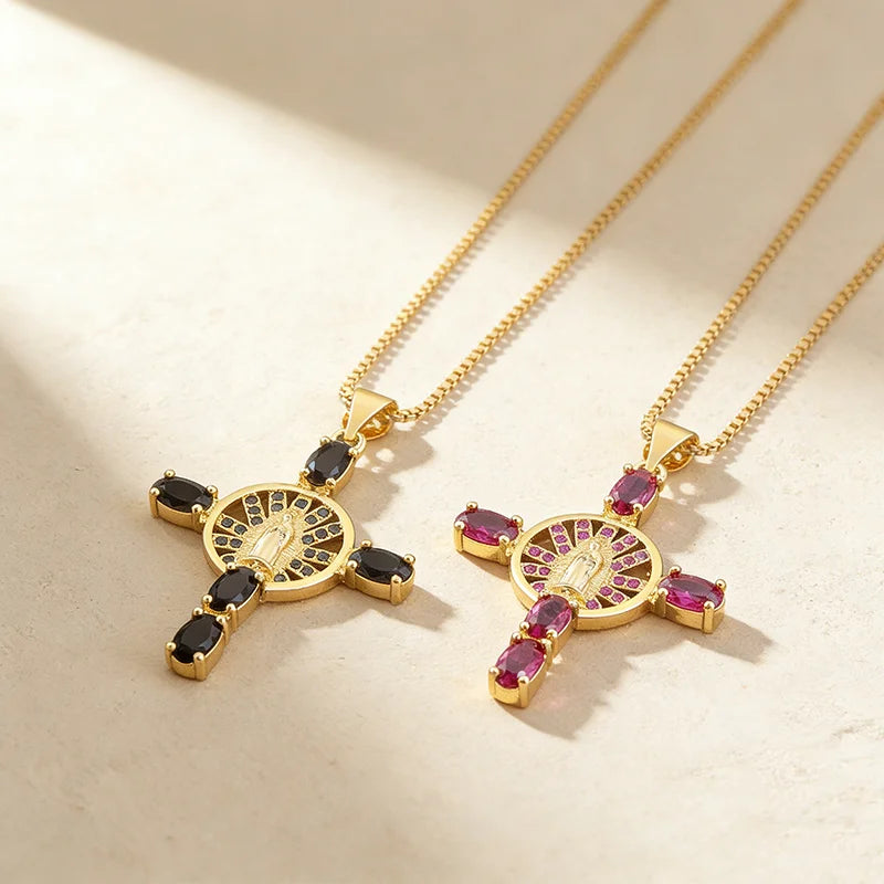 QIKU Copper Adjustable Luxury Statement Virgin Mary Cross Religious Character Trendy Pendant Necklace Jewelry for Women Daily