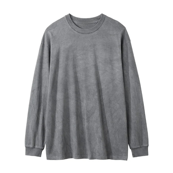 OEM Custom Logo Embroidery Tees 260gsm Heavyweight Cotton Long Sleeve with Loose Neck Washed Distressed Streetwear Knit T Shirt MegaBDM