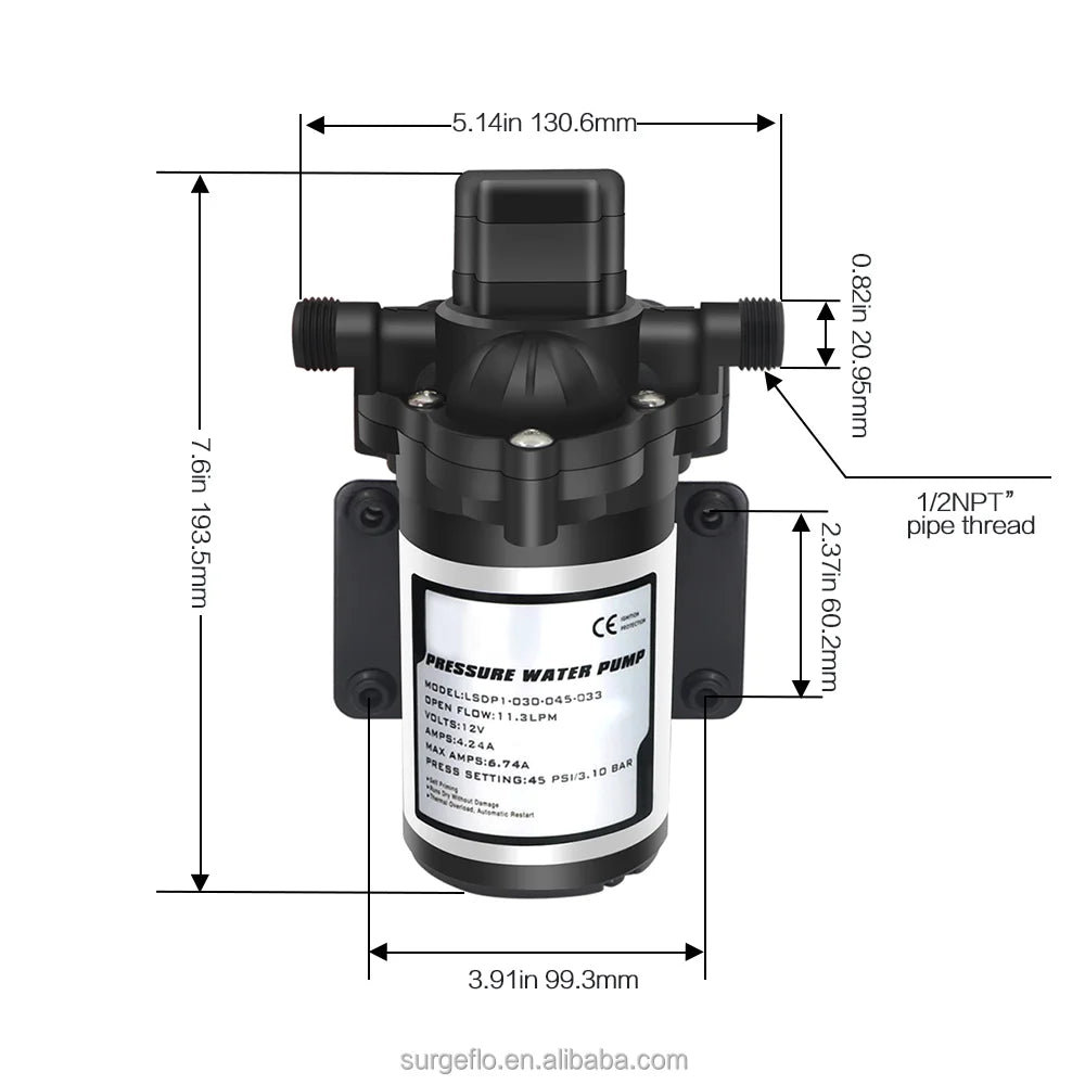 Mambaflo RV 33 Series Diaphragm Pump test Bench 3.3GPM Dc 12V 3M Suction Wate Rpump for Mobile Dining Car and Mobile RV