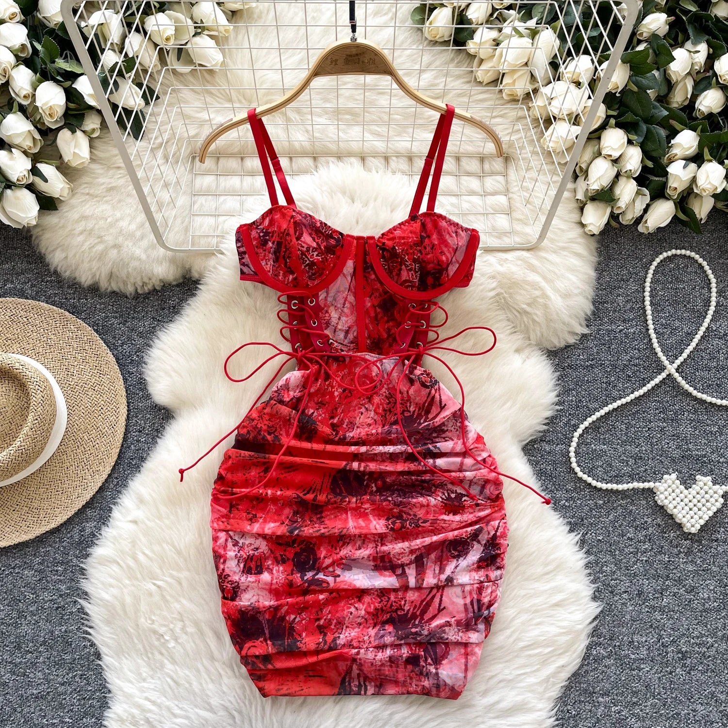 Summer Y2K Strapless Bandage Hip Midi Dress For Women Hollow Out Lace Dress