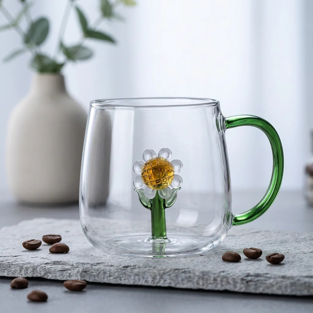 Daisy Design Borosilicate Glass Tumbler Handmade Mouth Blown Floral Pattern Eco-Friendly Leak-Proof 13-14 oz Modern Art Unique MegaBDM