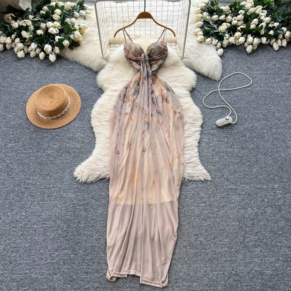 2025 Summer Fairycore Tunic Slim Casual Maxi Dress for Women Empire Printed Mesh Dress