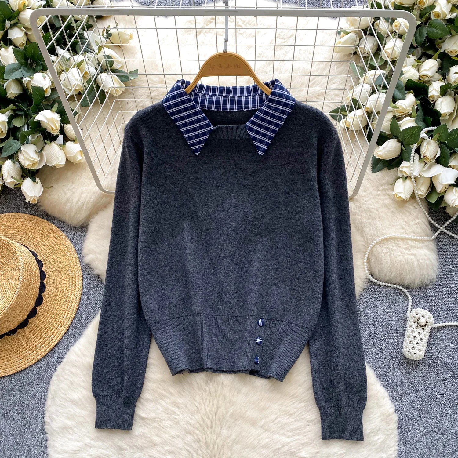 Autumn Full Sleeve Turn-down Collar Preppy Style Knitting Blouses Women Plaid Button Shirts Ladies Casual Tops Clothes Women