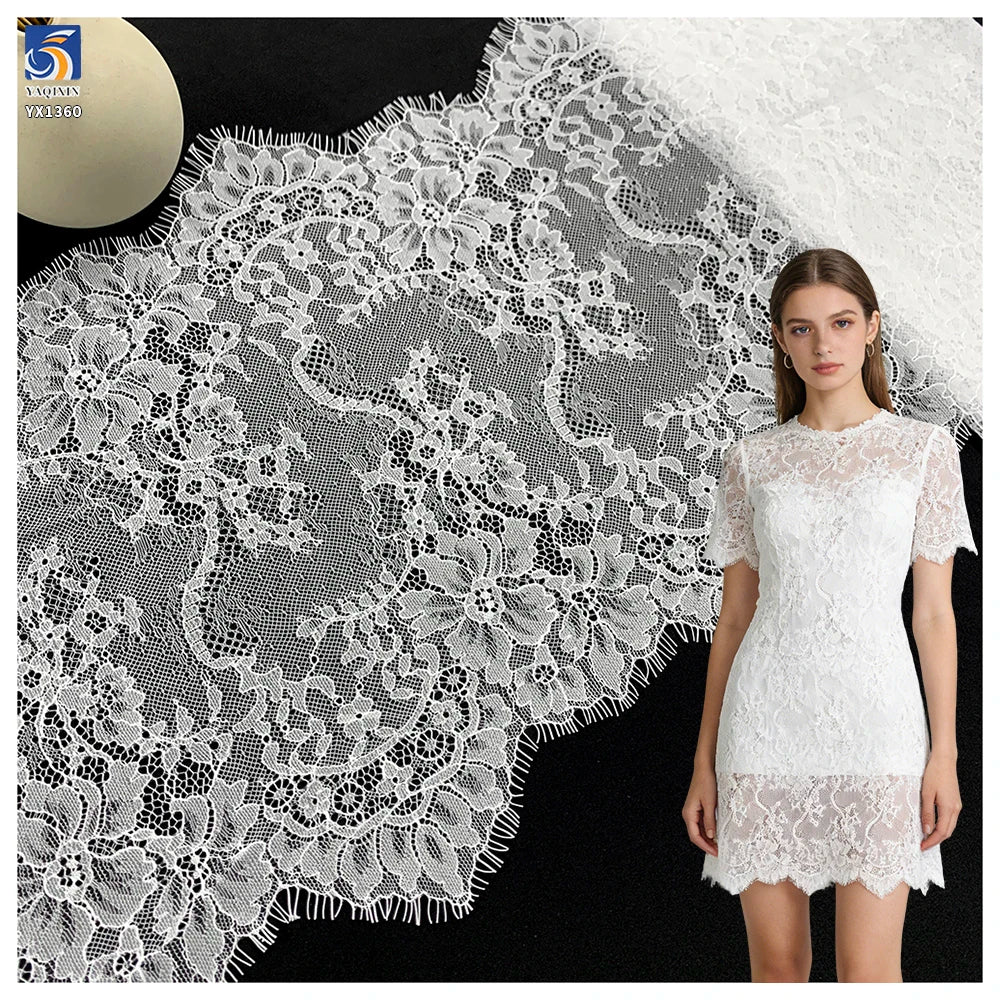YX1360 Minimum Order of 1 Piece 35CM*300CM White Polyester Mesh Eyelash Lace Fabric for Middle Eastern Wedding Dress Trim
