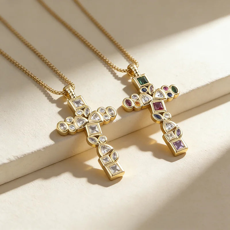 QIKU Trendy Irregular Colorful Crystal Cross Pendant Necklace Gold Plated Copper Geometric Choker Jewelry Customized Wholesale