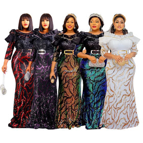 Newest Evening Gown African Luxury Shining Long Maxi Elegant Summer Dress Premium Sequin Dresses for Women K0271