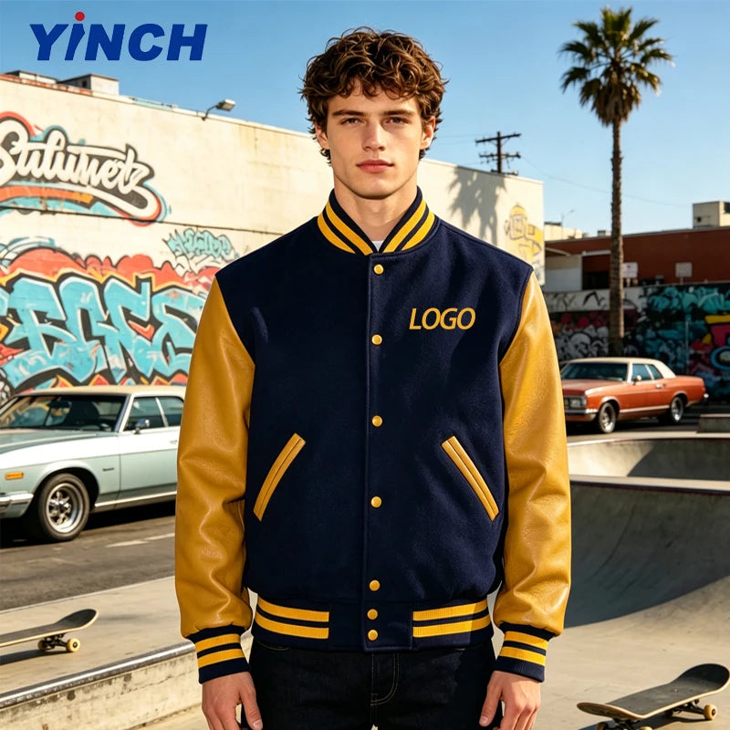 LAYENNE High Quality Varsity Letterman Baseball Bomber Retro Vintage Jacket Fashion Gold Leather Sleeves Varsity Jacket for Men