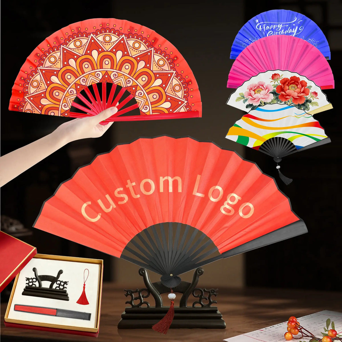 High Quality Large 13Inch Folding Hand Fan Custom Logo Full Color Print Paper Fans Handheld Wholesale for Brand Advertising MegaBDM