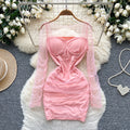 2025 Summer Y2K Square Collar Tunic Slim Hip Midi Dress for Women Empire Patchwork Mesh Dress