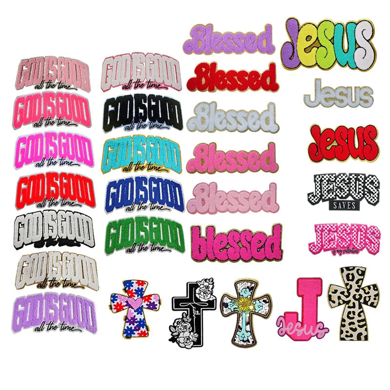 ISO9001 & BSCI Certified Embroidery Letter Iron On Patches Custom God Is Good Chenille Patches For Clothing