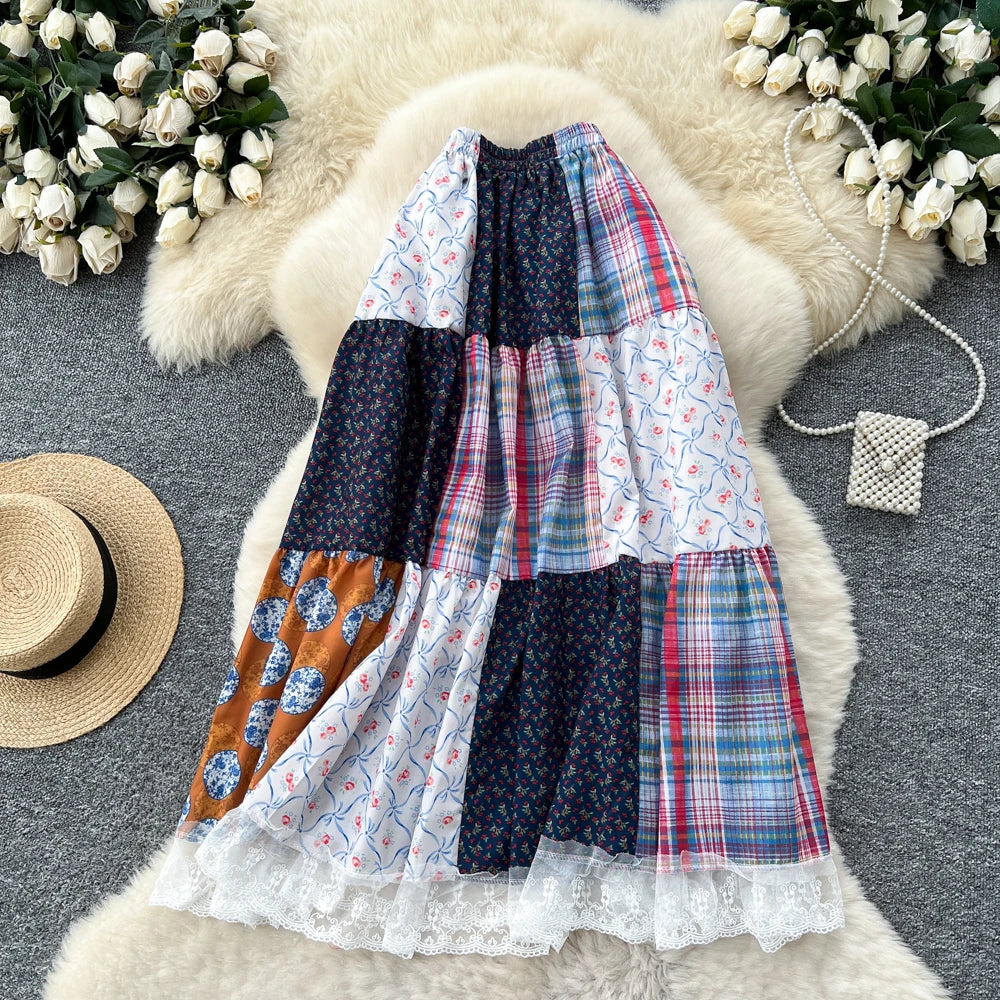 2025 Autumn Patchwork Lace A-Line Skirt Women Sweet Lace Skirts for Girls Retro Skirt Clothes Women Wholesale