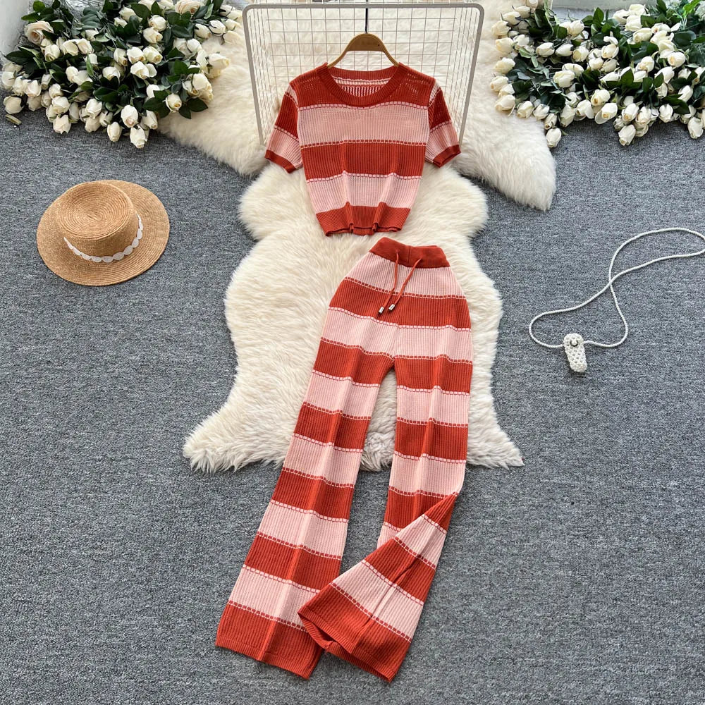 Summer Women's Casual Sets O-Neck Top And High Waist Knitted Set Clothing Wholesale