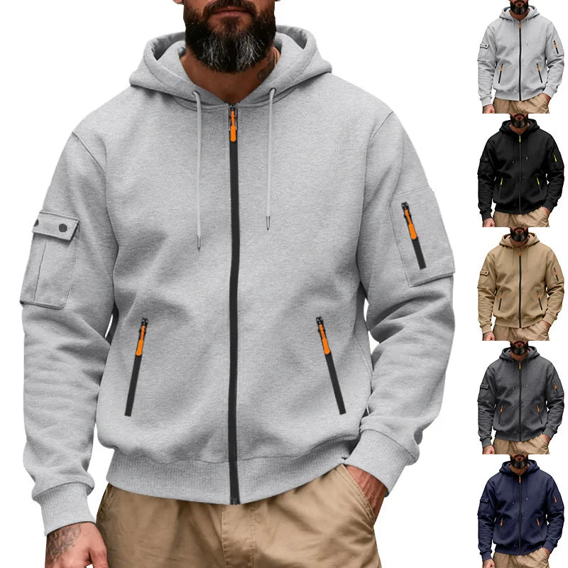 RNSHANGER Autumn Men's Loose Fleece Zipper Hooded Sweatshirts Casual Tooling Commuter Sports Casual Long Sleeve Hoodies Jacket MegaBDM