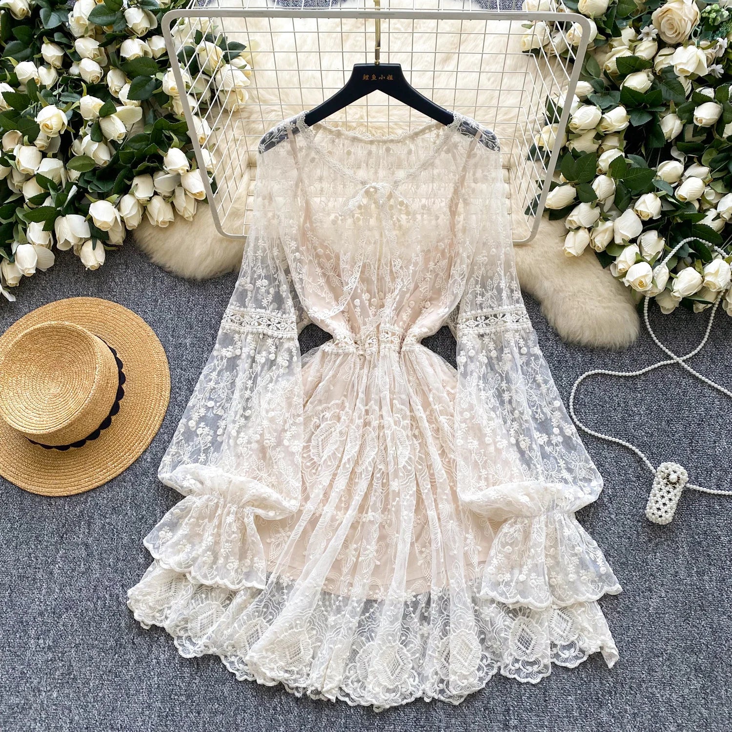 Summer Women's Fairycore Sets Lantern Sleeve Top And Mesh Mini Dress Set Clothing Wholesale