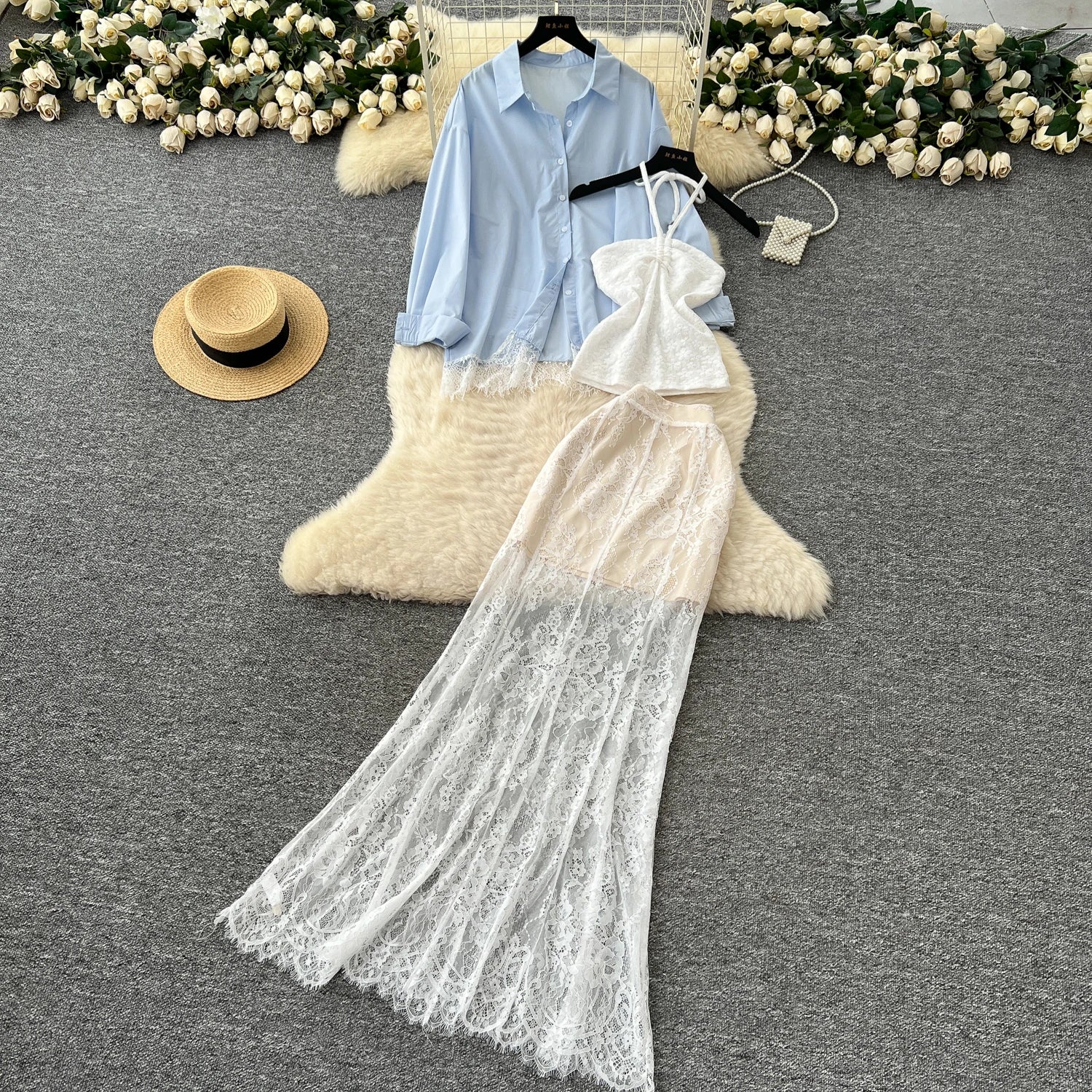 Women's Korean Loose Sets Halter Tube Top And Lace Hip Skirts Set Jogging Suits Wholesale