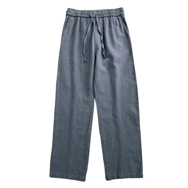 OEM custom logo embroidery printed design high-end pure linen summer trousers  loose wide-leg straight casual trousers
