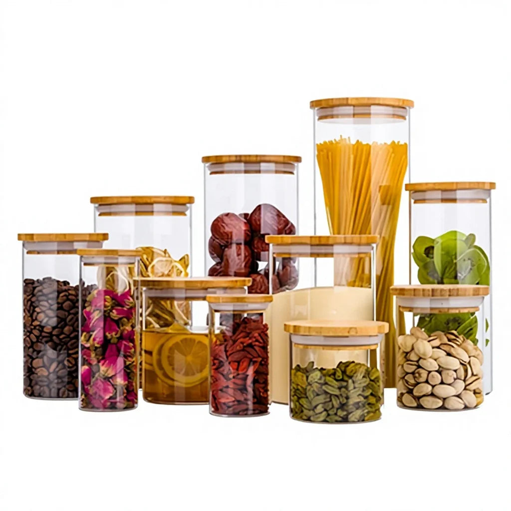 Luxury High Borosilicate Glass Food Storage Containers with Bamboo Lids Set for Kitchen Use Food Safe Eco-Friendly
