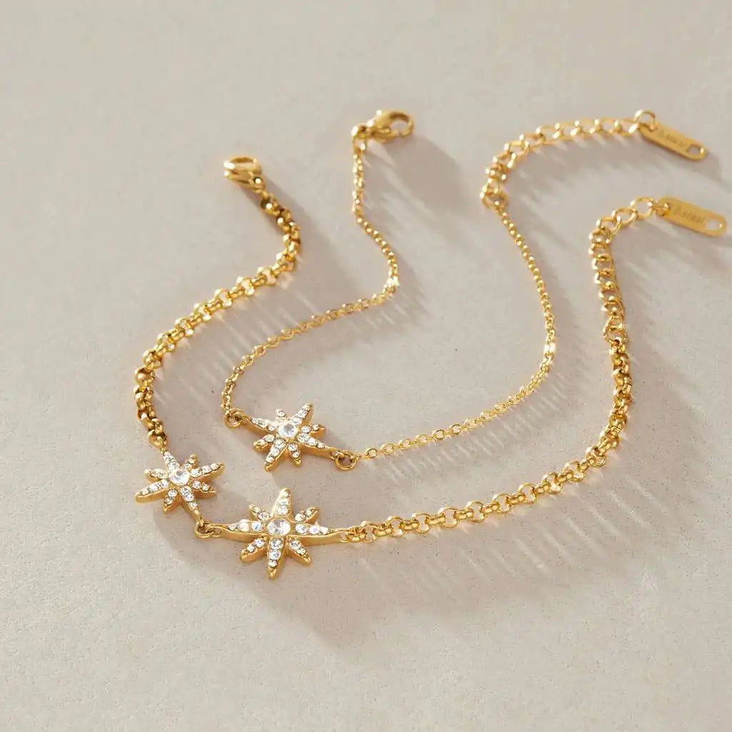 18K Gold PVD Plated Double Starburst Bracelet 316L Stainless Steel Non Tarnish Bold Link Chain Eight Point Star Jewelry Set MegaBDM