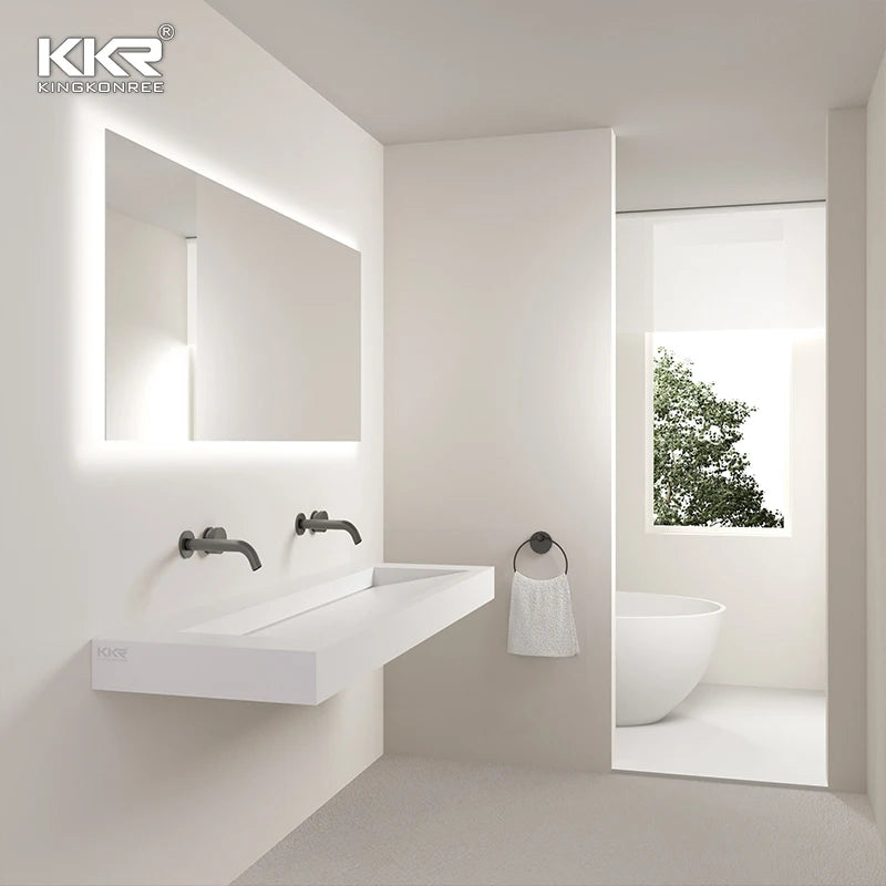 Solid Surface Acrylic Polyester Gel Coat Luxury Wall Hung Sink Basin with Drainer Modern Design KKR 12L