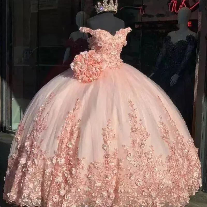Luxury Blush Pink Quinceanera Ball Gown Off Shoulder 3D Floral Lace Applique Beaded Princess Prom Evening Dress MegaBDM