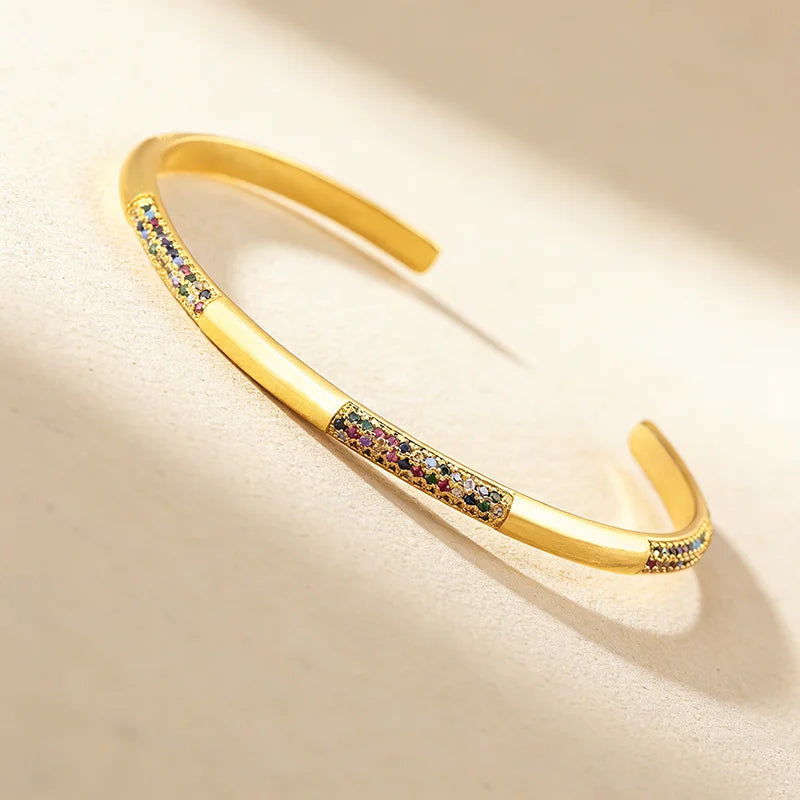 QIKU Trendy 18K Gold Plated Simple Design Bracelet Colorful Rhinestone Cubic Zircon Charm Bangles Jewelry Gift Wholesale Price
