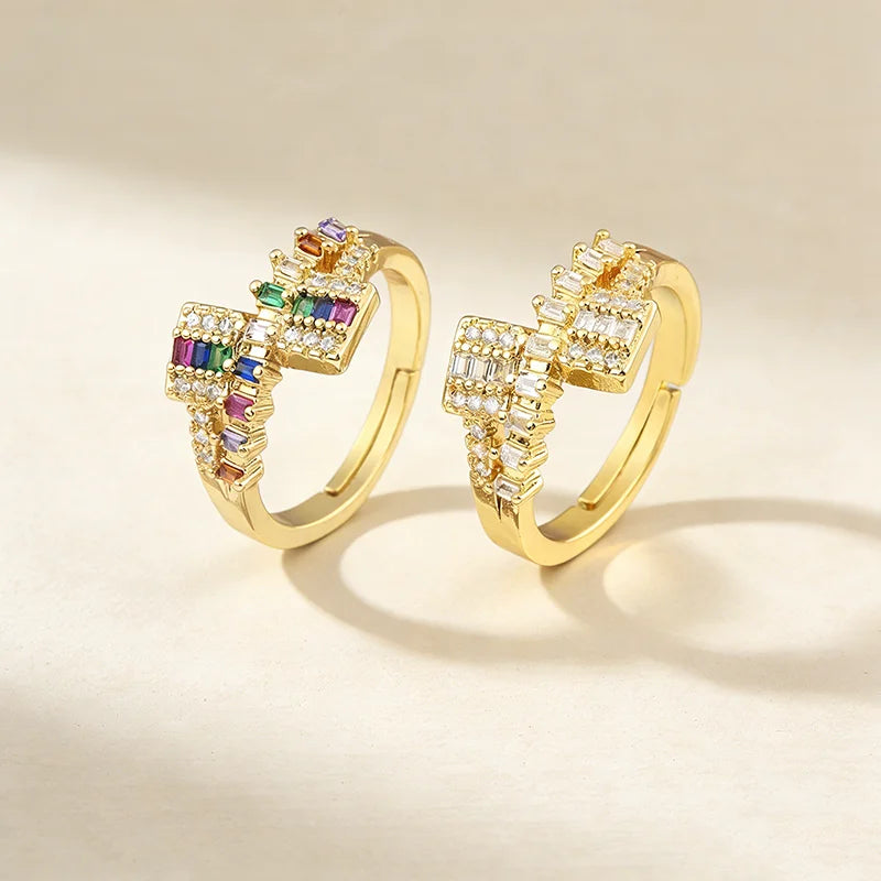 QIKU Fashion Rainbow Rhinestone Finger Rings Gold Plated Party Engagement Wedding Adjustable Jewelry for Women Girls Wholesale