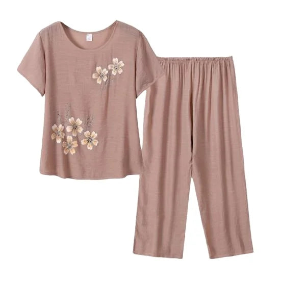 Women's Casual Cotton Knitted Pyjamas Set Breathable Biowashed Summer Sleep Wear Romantic Luxury Vintage Styles Featuring
