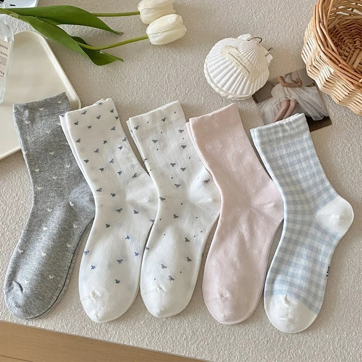Blue Checkered Bowknot Mid-tube Socks Women's Spring and Summer Sweet Style Versatile Cotton Socks MegaBDM