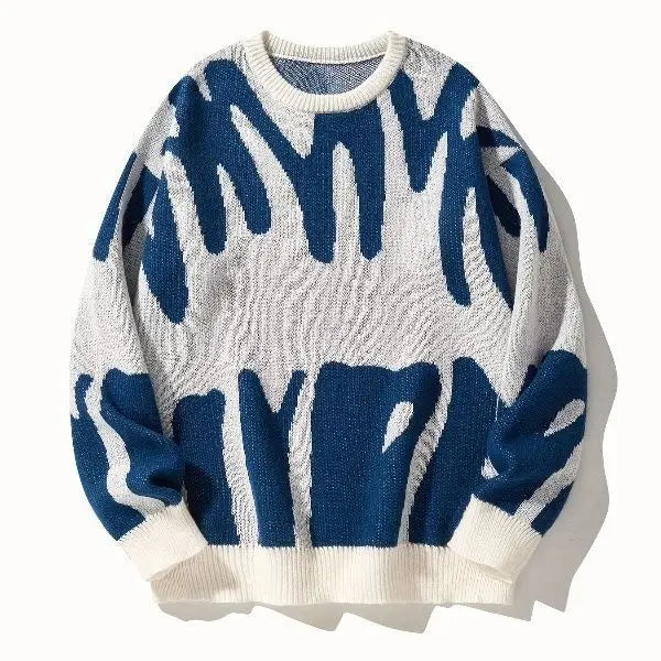 OEM Factory Mens Autumn Winter Crew Neck Jacquard Sweater Trendy Teenager Black White Pattern Plus Size Knit Loose Fit Sweater
