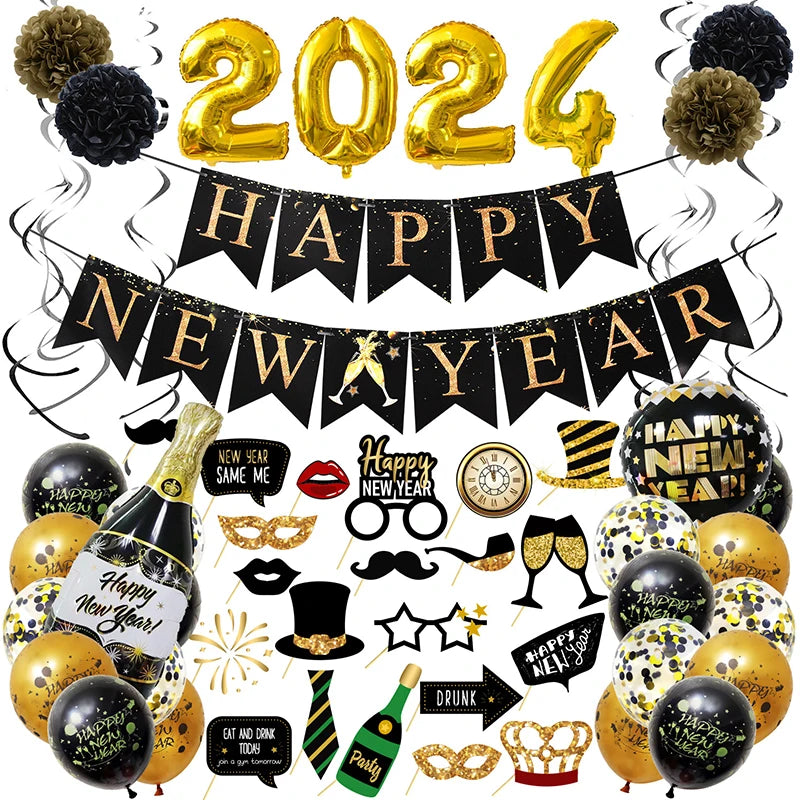 2024 New Years Eve Party Supplies Happy New Year Banner Balloon Gold 2024 Number Foil Balloon 2024 New Year Festival Party Decor